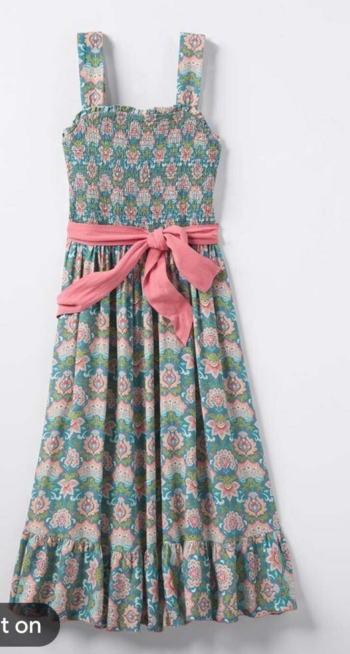 Matilda Jane Teal Floral Smocked Maxi Dress Pink Tie Waist Size Medium